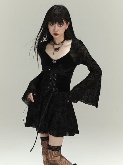 Gothic Black Lace Bell Sleeves Thigh-length Dress with Lace-up Detail