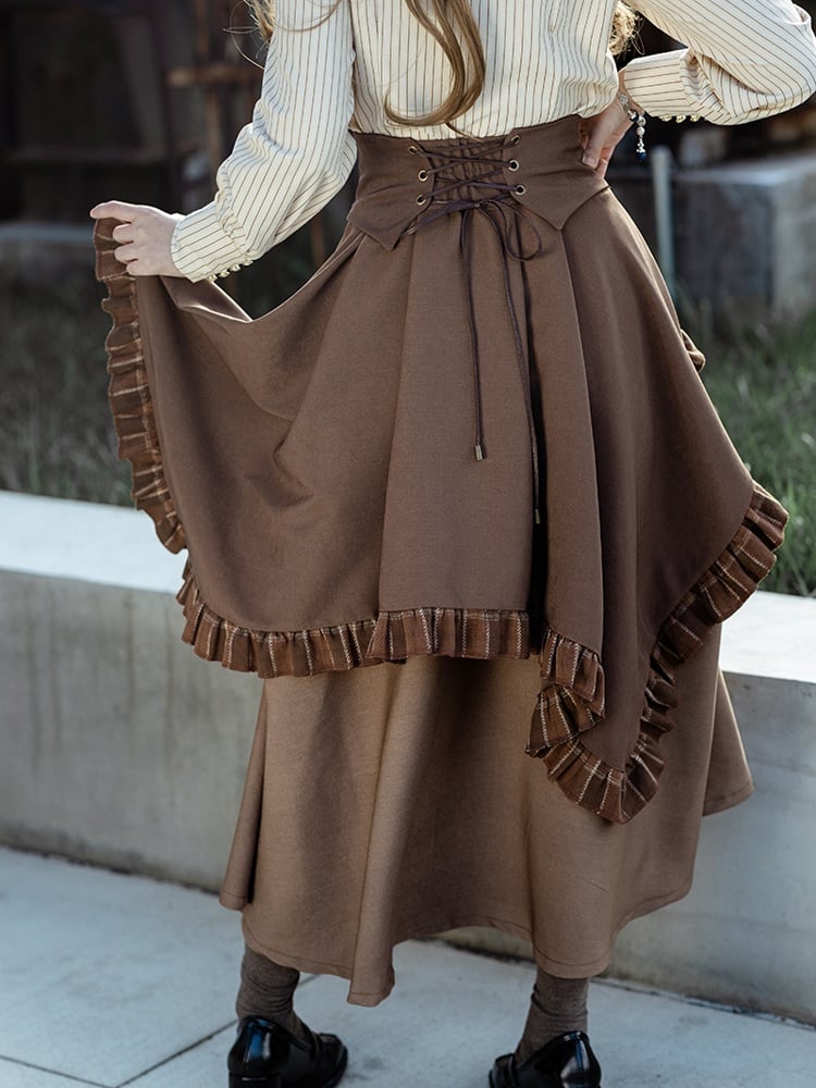 Schleppe Saum Braun Rüschen Plaid Dunkel Muster Steampunk