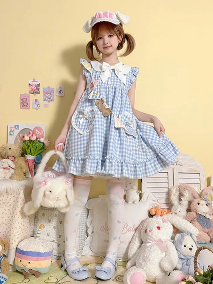 Blaue Taschen Herzförmiges süßes Kleid Bowknots Plaid Flatterärmel Licht