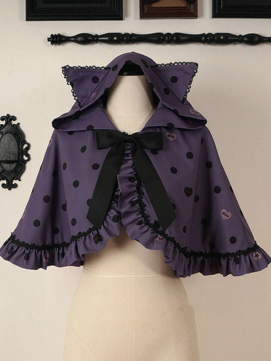 Hooded Lolita Polka Cat Cape Ears Purple Dot with