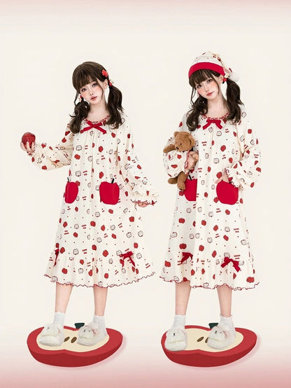 Beige Red Apple Print Long Sleeve Bow Dress - Tan Tuan