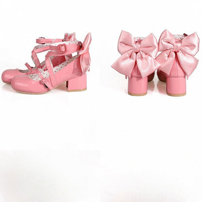 PU - Accent Sweet Bow Design Deep Crisscross Mid-heel Lolita Pink Shoes