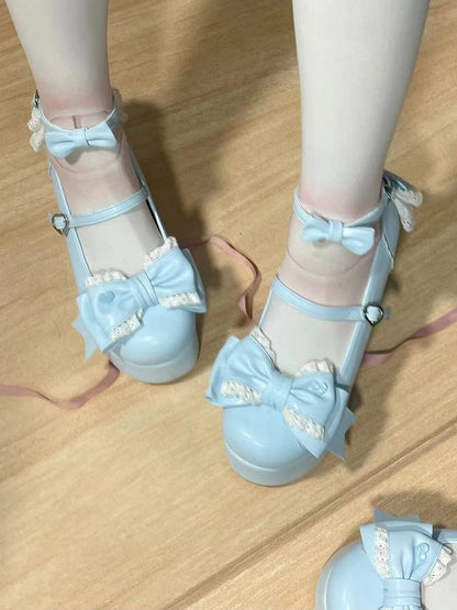 - Shoes Bow Back Heel Heart-Shaped Blue Embroidery Buckle Platform Lace Featuring with and Lolita