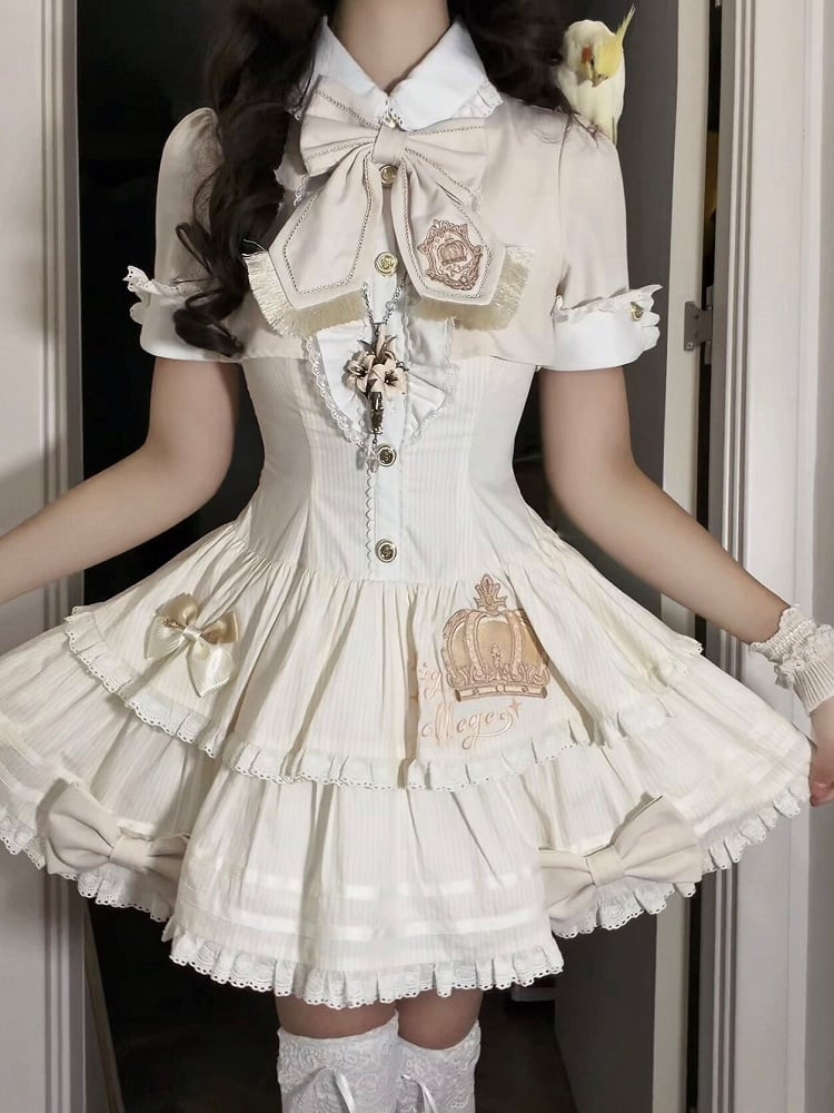 Beige Preppy Striped Two-Piece Gown with Crown Embroidery - Fairy Faith