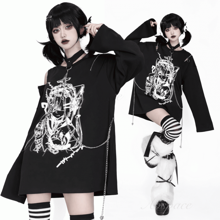 Anime Girl Print Black Zip Shoulder and Choker Chain Long Sleeve Top with Convertible