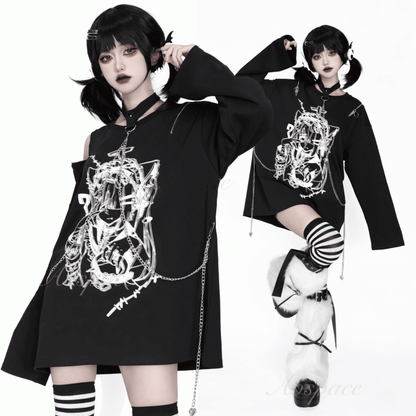Anime Girl Print Black Zip Shoulder and Choker Chain Long Sleeve Top with Convertible