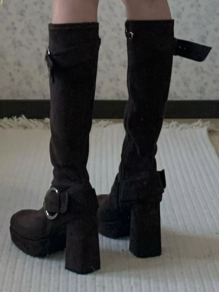 Details Brown Square Boots Toe Heel Knee-High with High Inner Zip Block Closure Buckle Platform