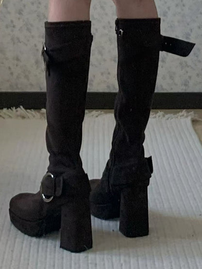 Details Brown Square Boots Toe Heel Knee-High with High Inner Zip Block Closure Buckle Platform