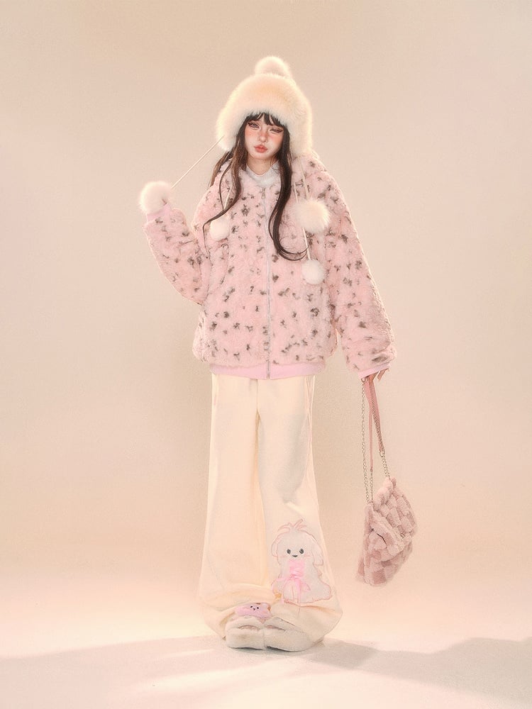 Beige Wide-Leg Pants with Pink Waistband and Embroidered Puppy Design