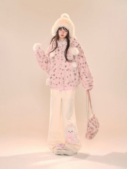 Beige Wide-Leg Pants with Pink Waistband and Embroidered Puppy Design