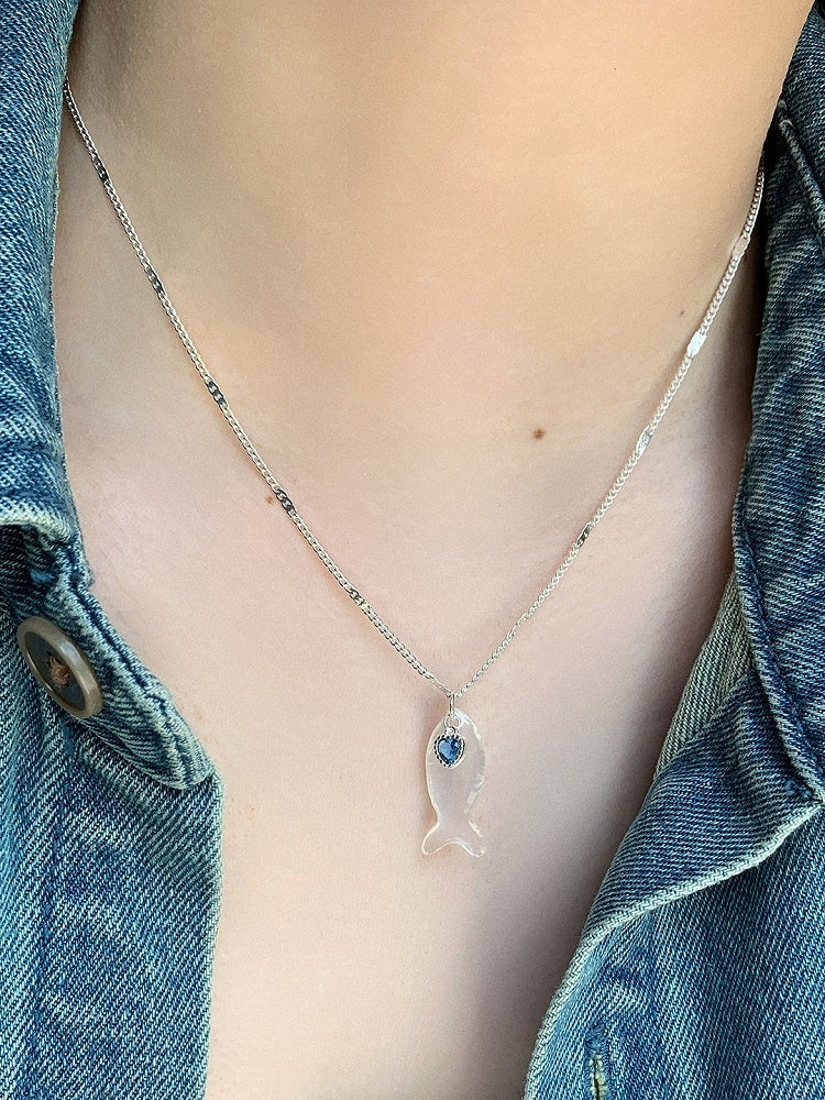 Y2K Necklace Blue/White Fish Heart And Bittersweet Rhinestone Pendant