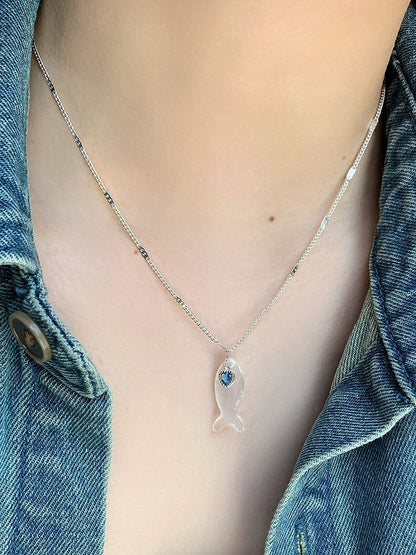 Y2K Necklace Blue/White Fish Heart And Bittersweet Rhinestone Pendant