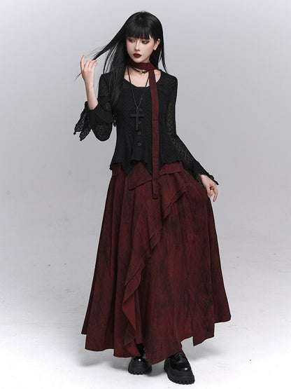 Red Ankle-Length  Gothic Splatter Skirt with Distressed