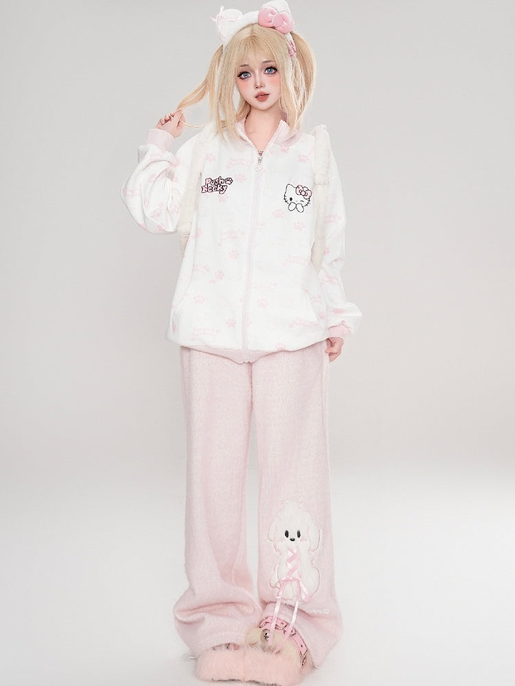 ブラック/ピンク/ライトブルーのキティ柄 ジップアップ スウェットシャツ