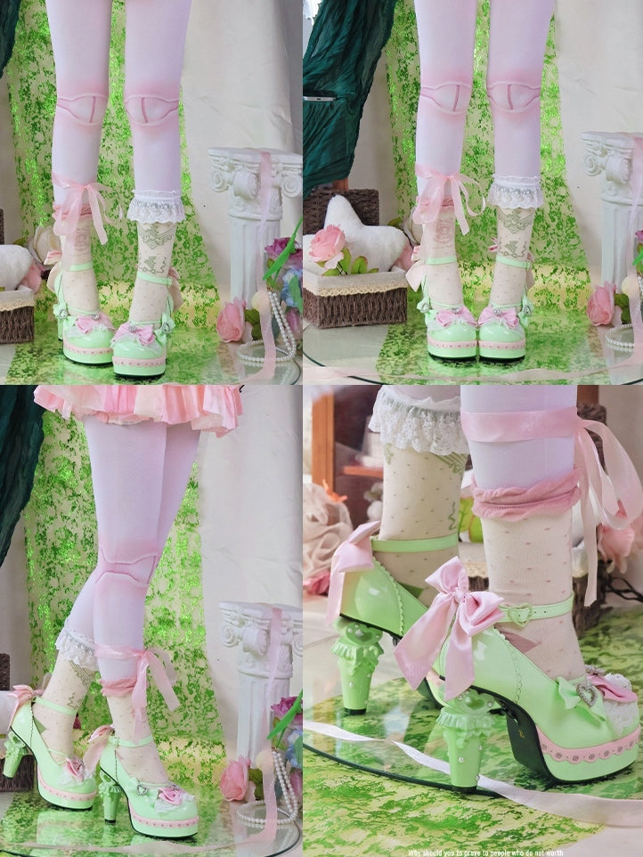 Shoes Heart Decor - High-heel PU Leather Details Bowknot Green