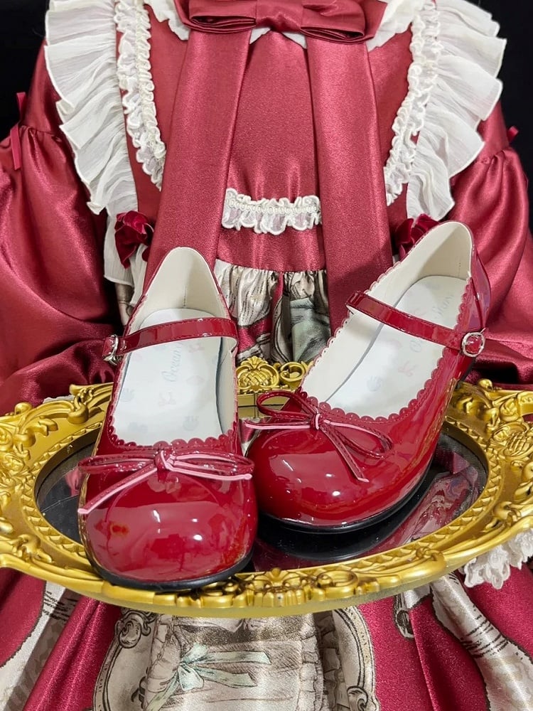 Lolita Heeled Sweet Snap Wine 3cm Bow - Fastener Accents Janes Mary Red