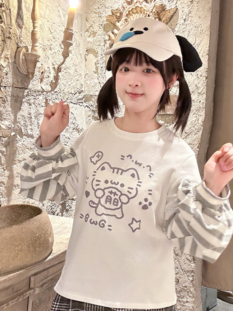 ホワイトキティプリントストライプ長袖Tシャツ