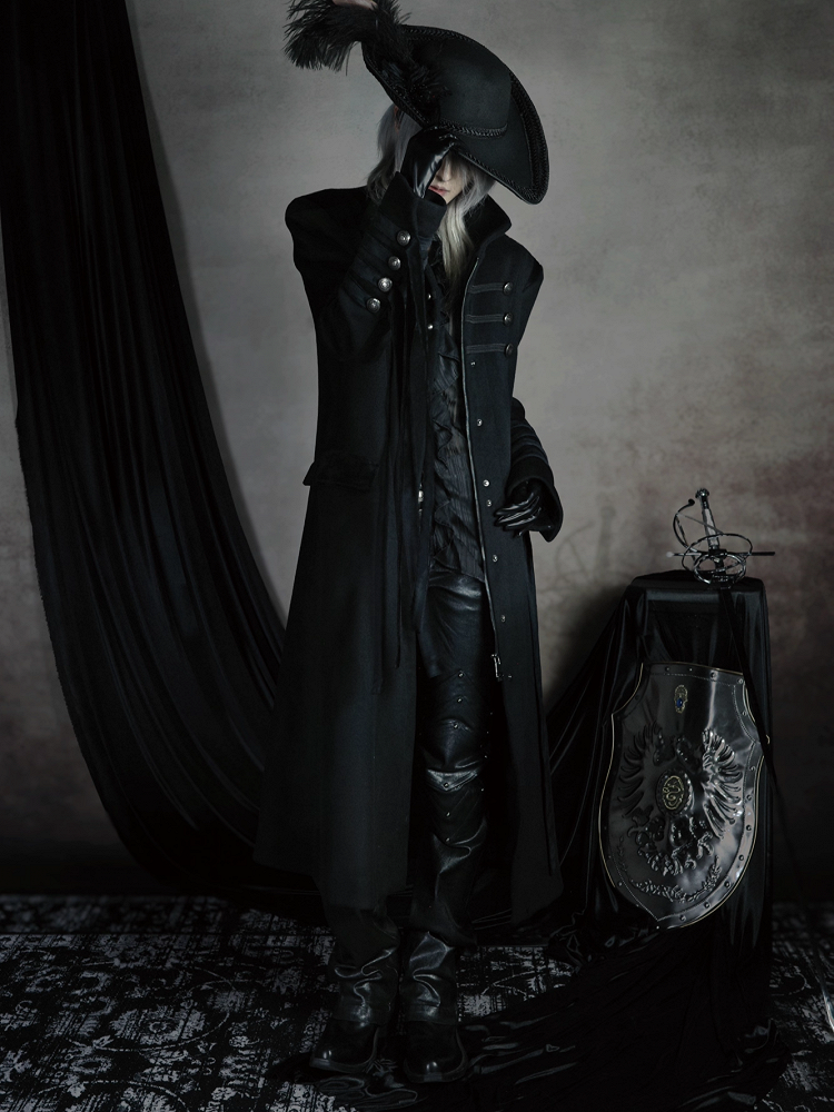 Long Gothic Coat Detials Strap Mock Neck Black with Buckle Royal