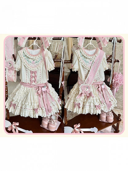 Ruffled Short-Sleeve Lolita OP Dress with Apple Embroidery in Sweet Pink & Beige - Yinying Lolita