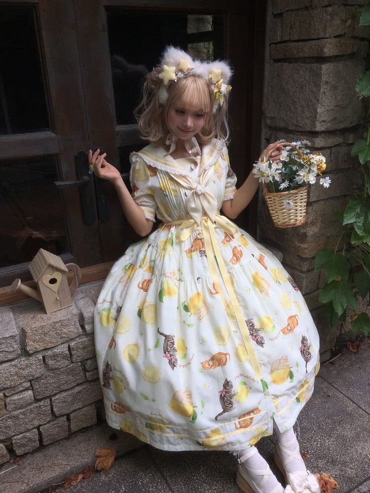 Yellow Sailor Collar Floral Print High Waist Dress with Cat Motif - Cutey Mask