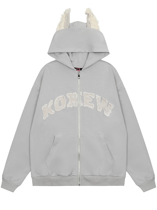 Non-Fleece And With Ears Print Grey Applique Puppy Letter Light Hoodie