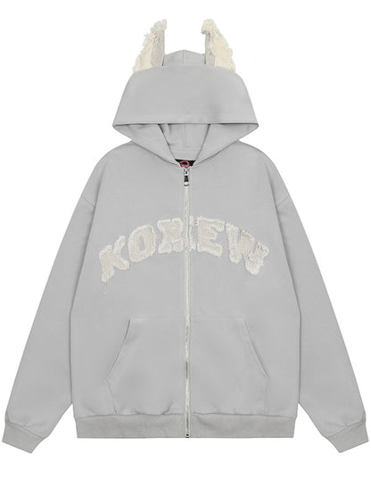 Non-Fleece And With Ears Print Grey Applique Puppy Letter Light Hoodie