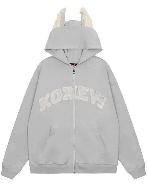 Light Hoodie Puppy Letter Fleece And Ears Grey Print Applique With