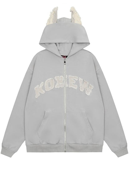 Light Hoodie Puppy Letter Fleece And Ears Grey Print Applique With