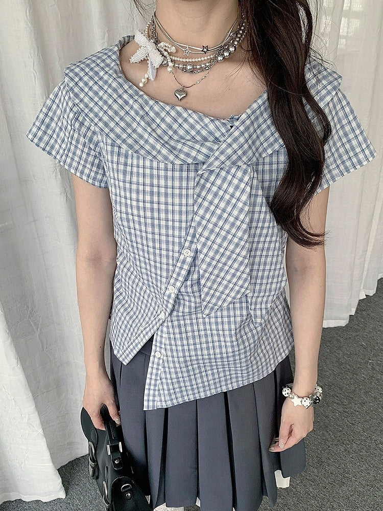 Asymmetrical Neckline Short Sleeve Top with Plaid Pattern - Solkatt