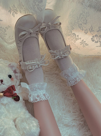 Cotton Socks Bow Breathable White Creamy Lace Trim Decorated