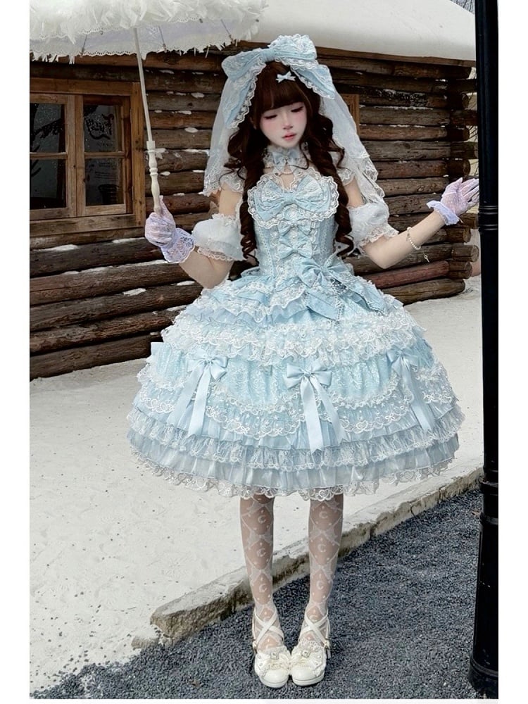 Dress Princess Accents Lolita Blue JSK with Bow and Lace Sweet