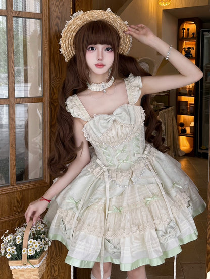 Beads Flutter Sleeves Balletcore Sweet Lolita Jumper Mint Bowknots Skirt and Green Decoration