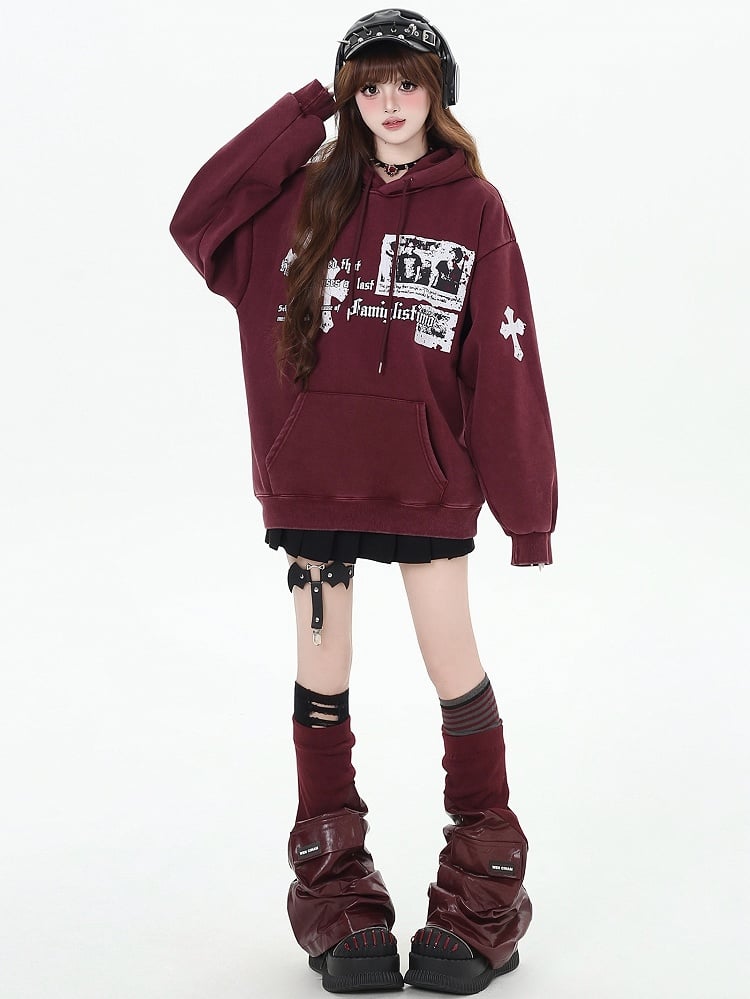 Schwarz/Weinroter Kapuzenpullover mit Kreuzen-Print