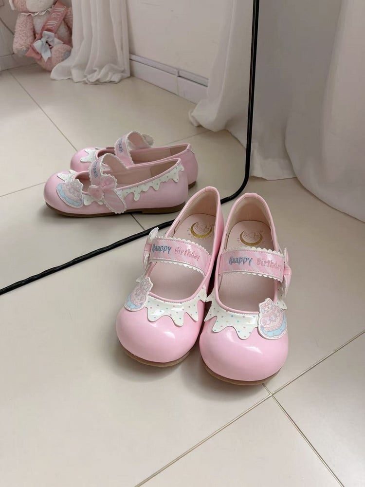 Pink Kawaii Polka Dot & Bowknot Flat Shoes with Happy Birthday Embroidery - Fairy Godmother