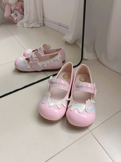 Pink Kawaii Polka Dot & Bowknot Flat Shoes with Happy Birthday Embroidery - Fairy Godmother