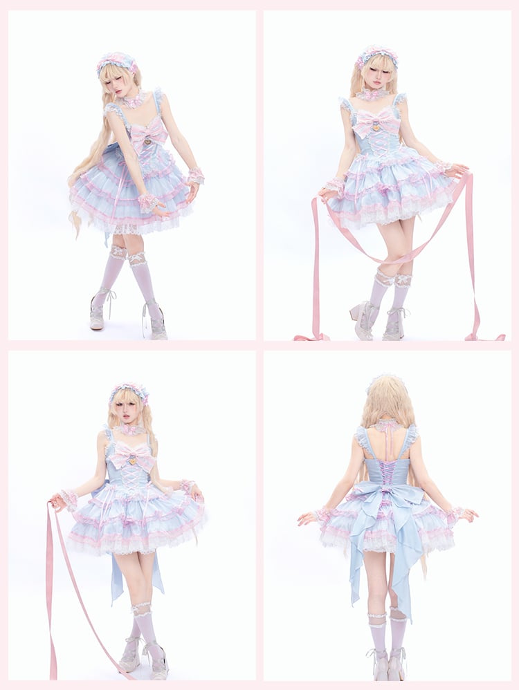 Rock und rosa blauer Pulloverrock Hime Lolita-Kleid Flatterärmel gestuft