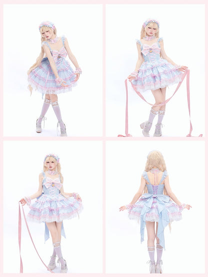 Skirt and Pink Blue Jumper Skirt Hime Lolita Dress Flutter Sleeves Tiered