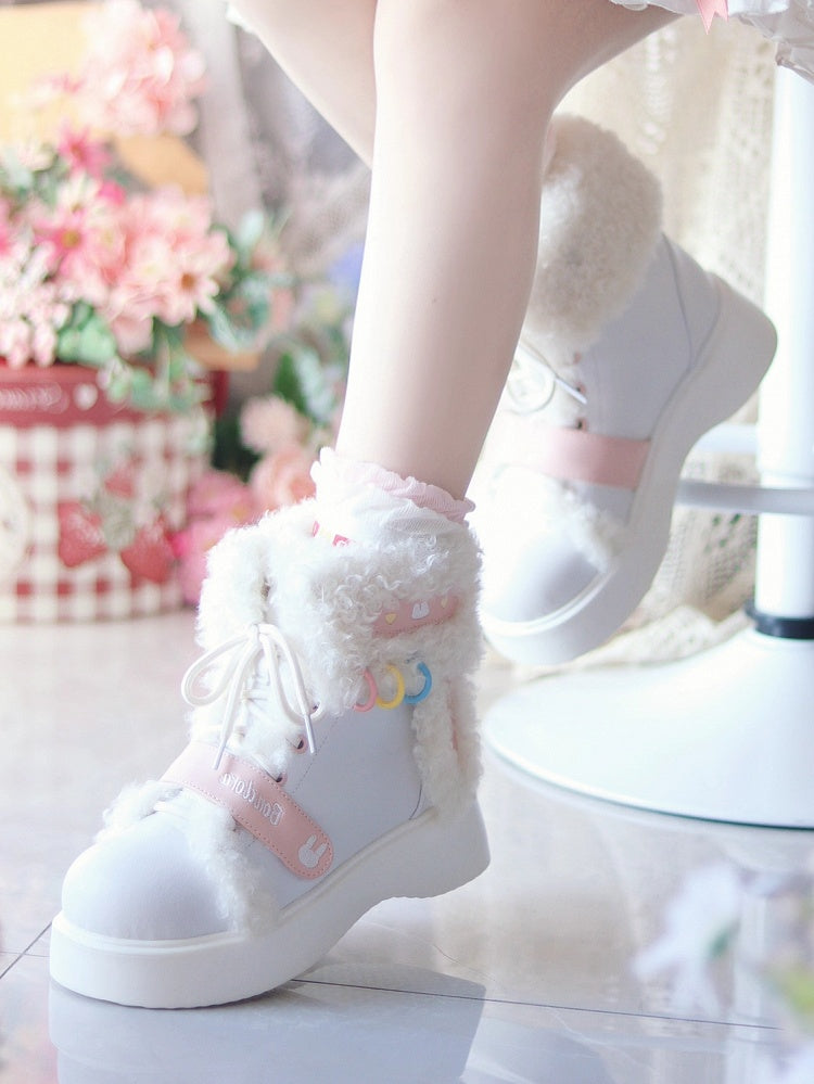 Platform Winter with Accents Fastening Hybrid Plush White Ear Bunny Boots - Themed Sole