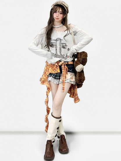 Plaid Y2K And + Pattern Orange Polka-dot Shorts Blue