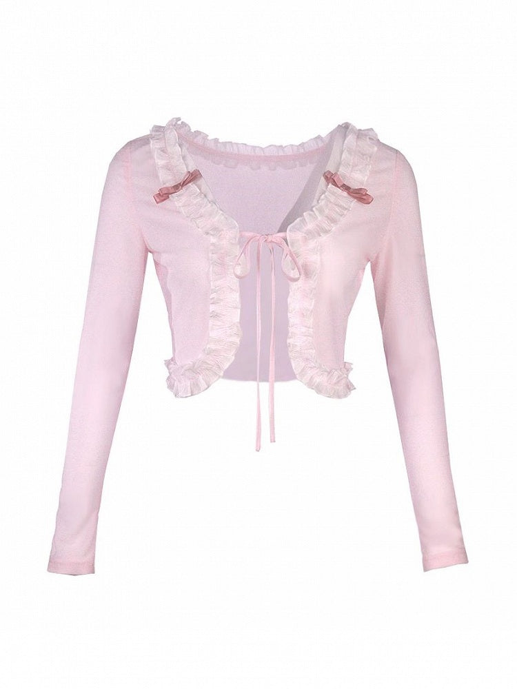 Strickjacke mit rosa Schleife zum Selbstbinden, Strick-Kurzträger, Spitzenbesatz