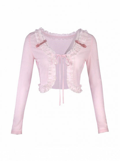 Strickjacke mit rosa Schleife zum Selbstbinden, Strick-Kurzträger, Spitzenbesatz