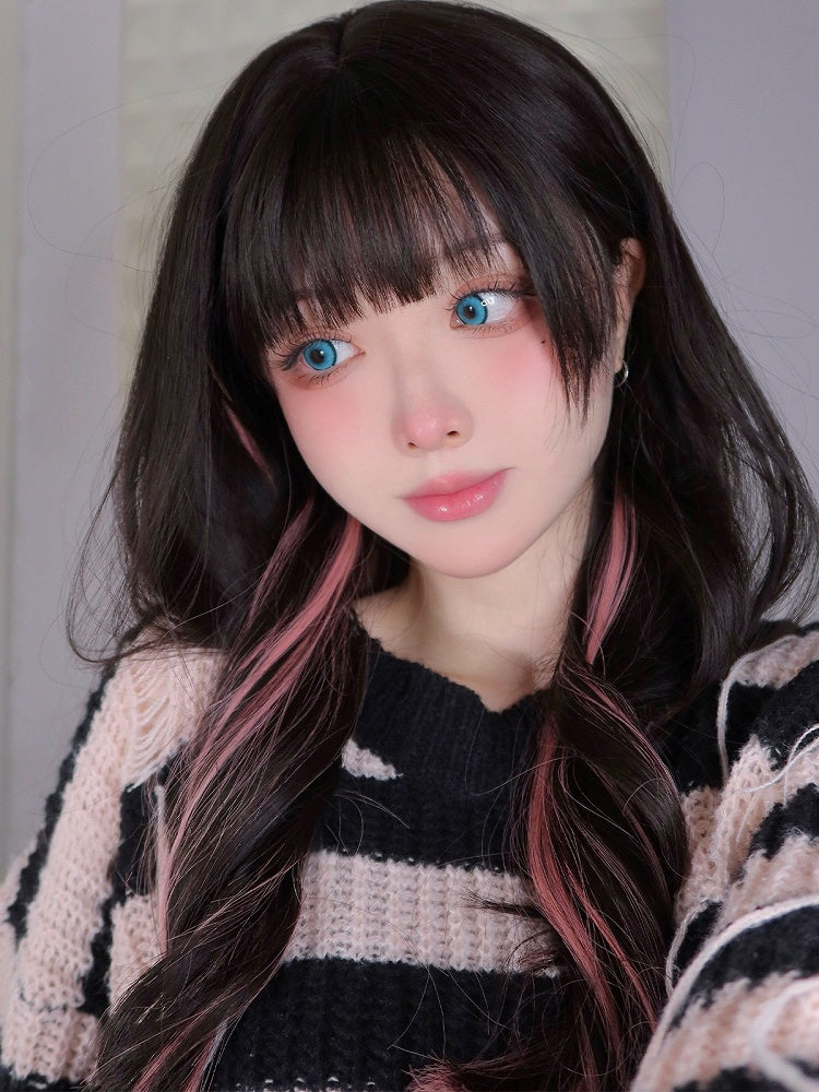 Air Wig Black Highlight And With 65CM Pink Wavy Bangs