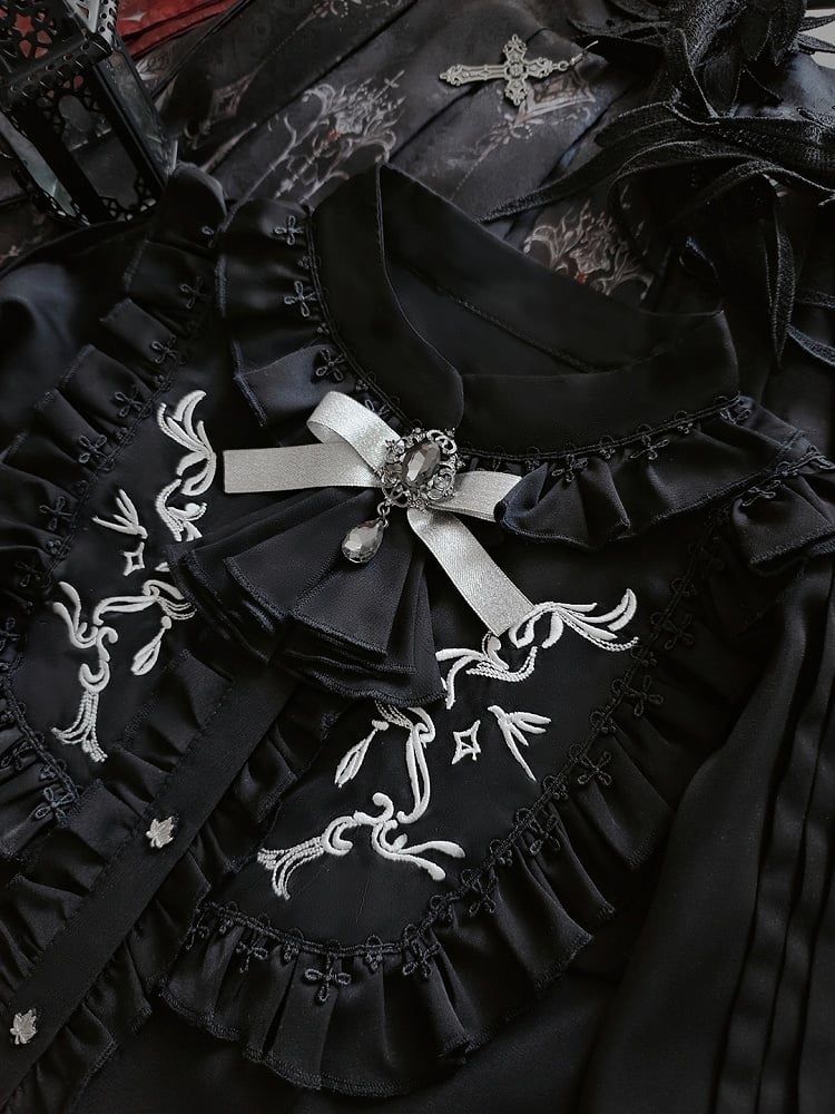 Ruffled Blouse Bow Embroidered with and Black Detachable Tie Details Gothic