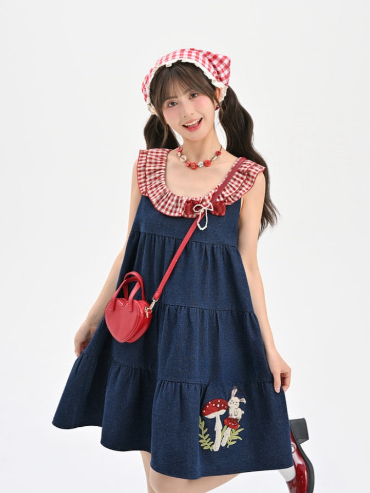 Bunny and Mushroom Embroidery Red Navy Blue Sleeveless Dress Neckline Plaid