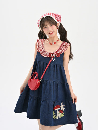 Bunny and Mushroom Embroidery Red Navy Blue Sleeveless Dress Neckline Plaid