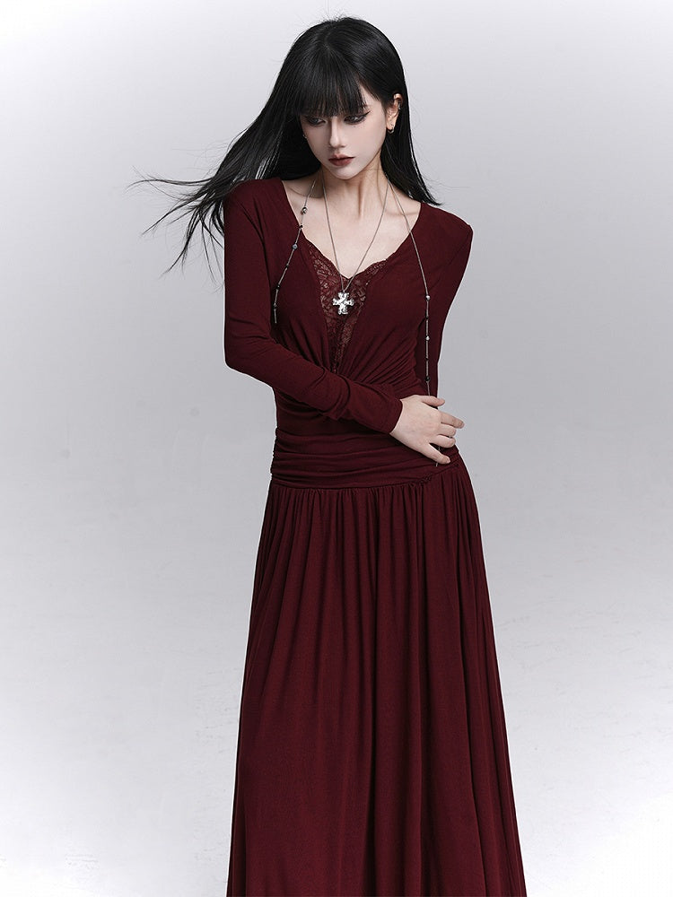Maxi Gothic Detaillierung mit dunkelrotem Bauchkleid Spitze V-Ausschnitt gerüscht