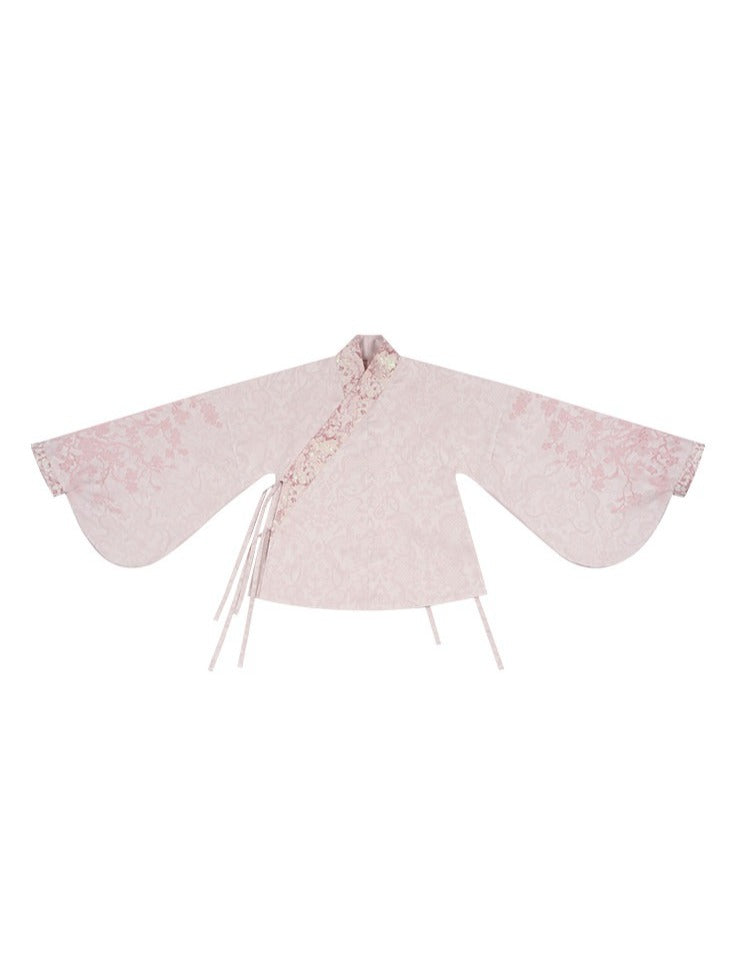 Pink Hanfu-Inspired Satin Long Sleeve Top with Floral Print - Yimu Walnut