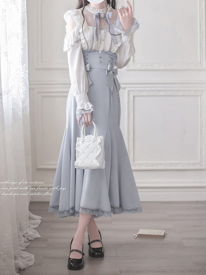Mermaid Skirt Waist Blue Lace Trim with Lace-Up Jirai Long Kei Light