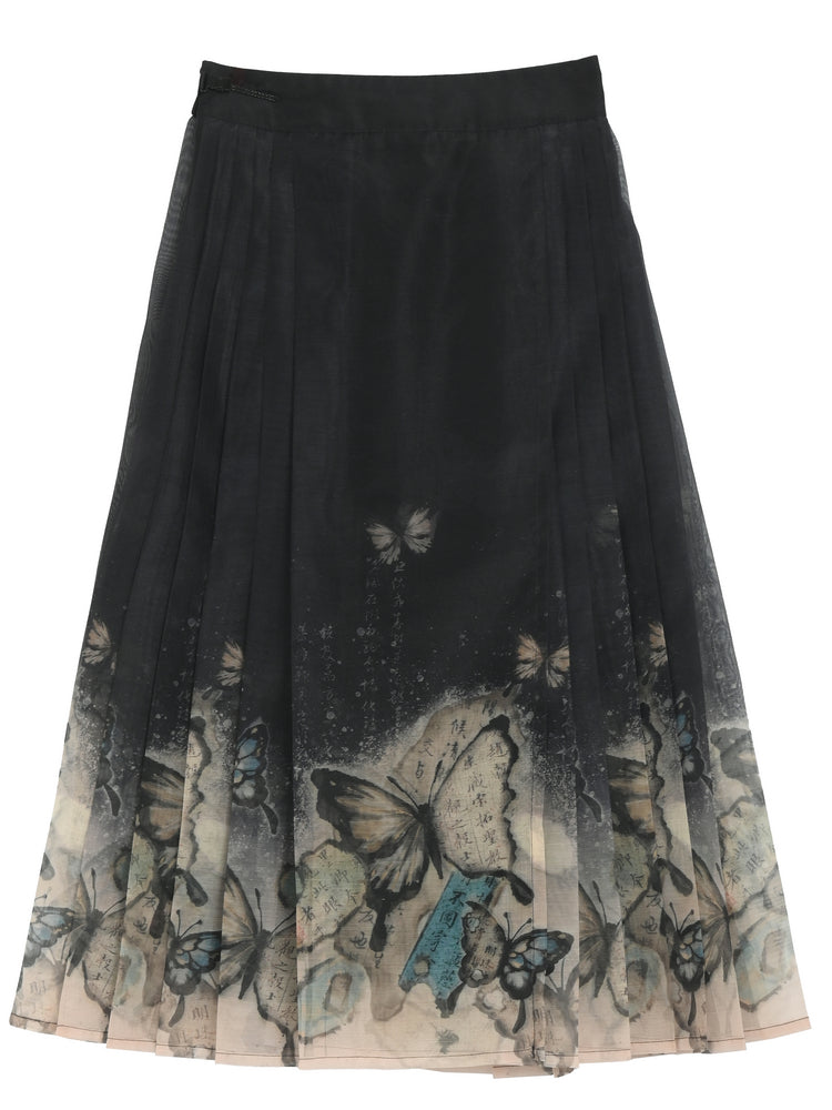 Butterfly Print Skirt Version Long/Short Cheongsam Horse-Face Pleated Style Black