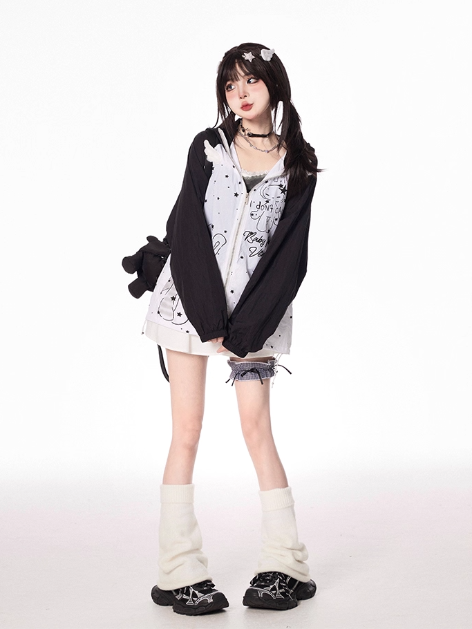 デザインフードイヤーキティカラーブロックジップアップジャケットカートゥーンプリントブラック/グリーン